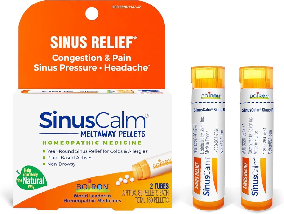 Boiron SinusCalm Pellets für Nasennebenhöhlenschmerz, laufende Nase, Verstopfung, Druckgefühl, Kopfschmerzen – 2 Packungen (160 Pellets)