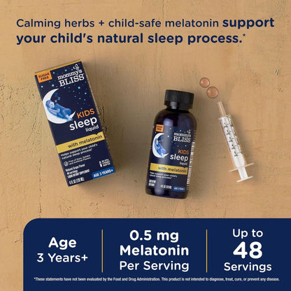 Mommy's Bliss Kids Sleep Liquid mit Melatonin & beruhigenden Kräutern | Melatonin für Kinder ab 3 Jahren | Traubengeschmack | Zuckerfrei | 118 ml (60 Portionen)
