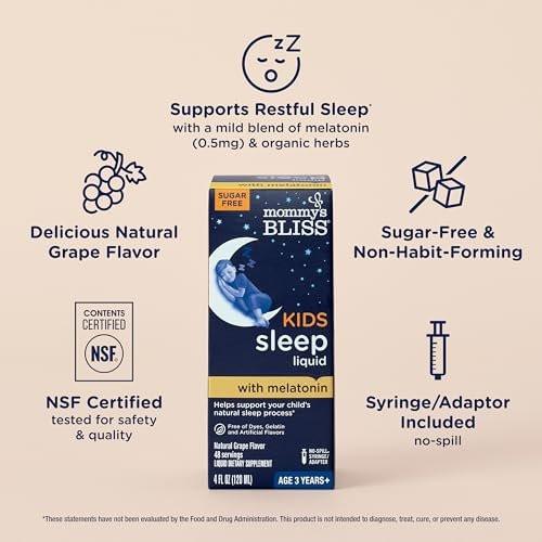 Mommy's Bliss Kids Sleep Liquid mit Melatonin & beruhigenden Kräutern | Melatonin für Kinder ab 3 Jahren | Traubengeschmack | Zuckerfrei | 118 ml (60 Portionen)