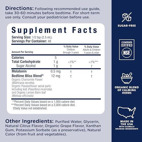 Mommy's Bliss Kids Sleep Liquid mit Melatonin & beruhigenden Kräutern | Melatonin für Kinder ab 3 Jahren | Traubengeschmack | Zuckerfrei | 118 ml (60 Portionen)