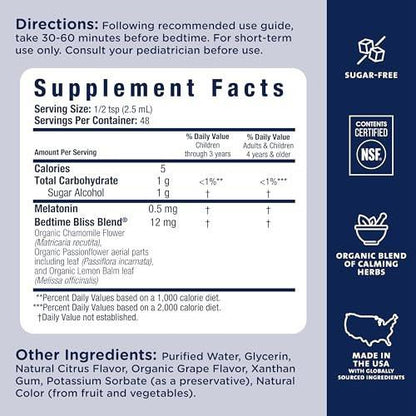 Mommy's Bliss Kids Sleep Liquid mit Melatonin & beruhigenden Kräutern | Melatonin für Kinder ab 3 Jahren | Traubengeschmack | Zuckerfrei | 118 ml (60 Portionen)