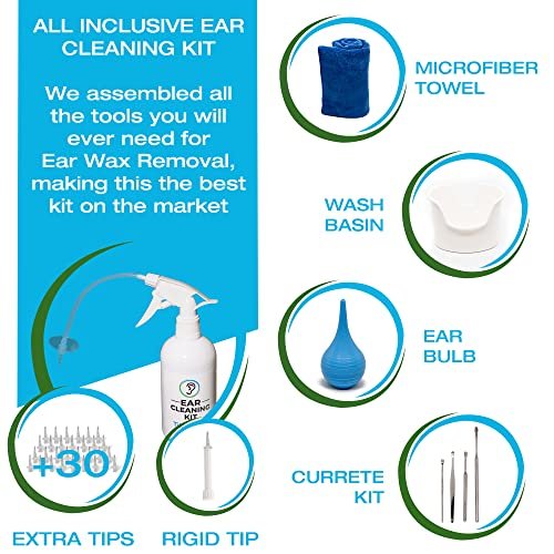 Ohrenschmalz Entfernungswerkzeug von Tilcare – Ohrspül-Set für Erwachsene & Kinder – Komplettes Ohrreinigungs-Kit mit Becken, Spritze, Kürettenset, Handtuch und 30 Einwegspitzen