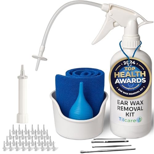 Ohrenschmalz Entfernungswerkzeug von Tilcare – Ohrspül-Set für Erwachsene & Kinder – Komplettes Ohrreinigungs-Kit mit Becken, Spritze, Kürettenset, Handtuch und 30 Einwegspitzen