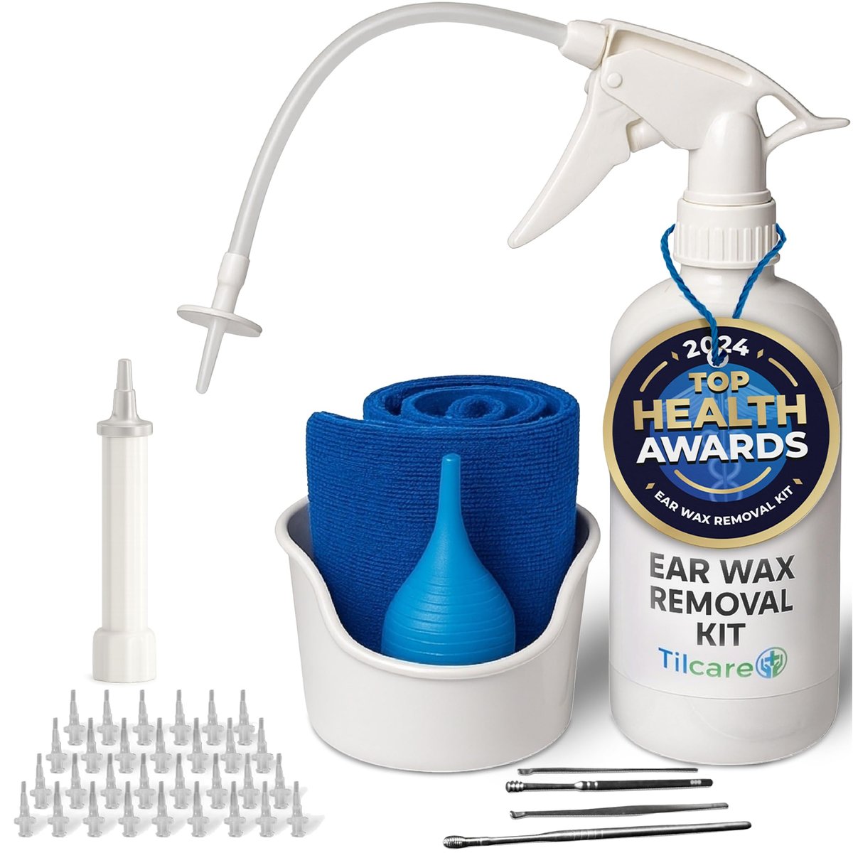 Ohrenschmalz Entfernungswerkzeug von Tilcare – Ohrspül-Set für Erwachsene & Kinder – Komplettes Ohrreinigungs-Kit mit Becken, Spritze, Kürettenset, Handtuch und 30 Einwegspitzen