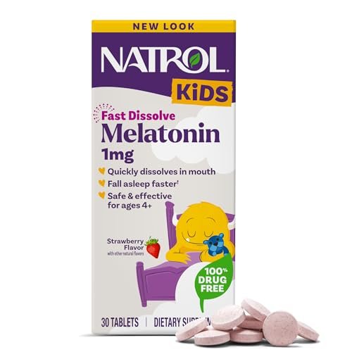 Natrol Kids Fast Dissolve Melatonin 1 mg – Erdbeer-Geschmack, 30 Tabletten, Nahrungsergänzungsmittel für erholsamen Schlaf bei Kindern