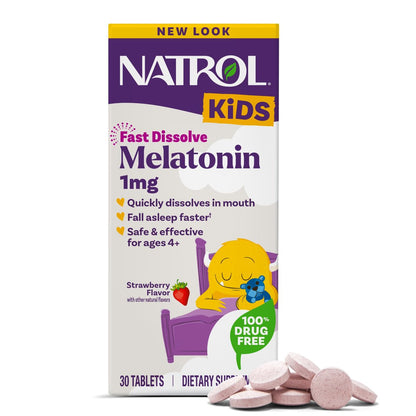 Natrol Kids Fast Dissolve Melatonin 1 mg – Erdbeer-Geschmack, 30 Tabletten, Nahrungsergänzungsmittel für erholsamen Schlaf bei Kindern