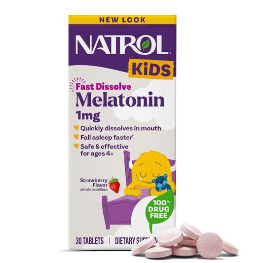 Natrol Kids Fast Dissolve Melatonin 1 mg – Erdbeer-Geschmack, 30 Tabletten, Nahrungsergänzungsmittel für erholsamen Schlaf bei Kindern