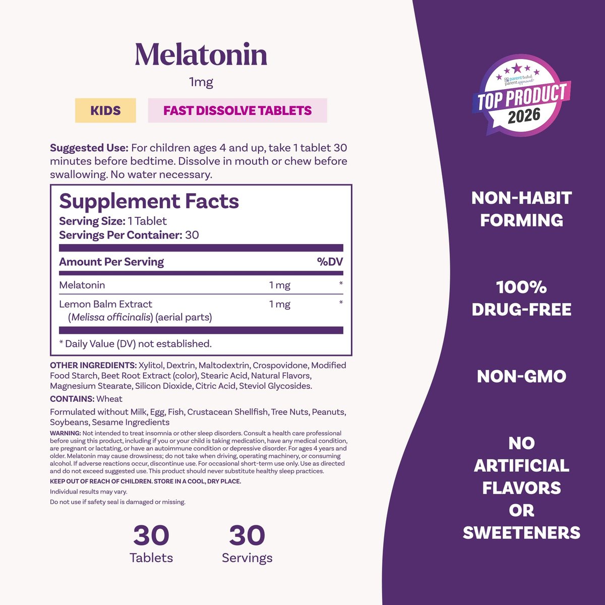Natrol Kids Fast Dissolve Melatonin 1 mg – Erdbeer-Geschmack, 30 Tabletten, Nahrungsergänzungsmittel für erholsamen Schlaf bei Kindern