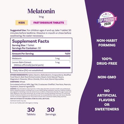 Natrol Kids Fast Dissolve Melatonin 1 mg – Erdbeer-Geschmack, 30 Tabletten, Nahrungsergänzungsmittel für erholsamen Schlaf bei Kindern