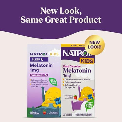 Natrol Kids Fast Dissolve Melatonin 1 mg – Erdbeer-Geschmack, 30 Tabletten, Nahrungsergänzungsmittel für erholsamen Schlaf bei Kindern