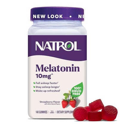 Natrol Melatonin Gummis 10 mg – 140 Erdbeer-Gummis für erholsamen Schlaf bei Erwachsenen