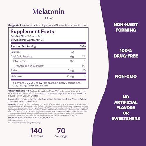 Natrol Melatonin Gummis 10 mg – 140 Erdbeer-Gummis für erholsamen Schlaf bei Erwachsenen