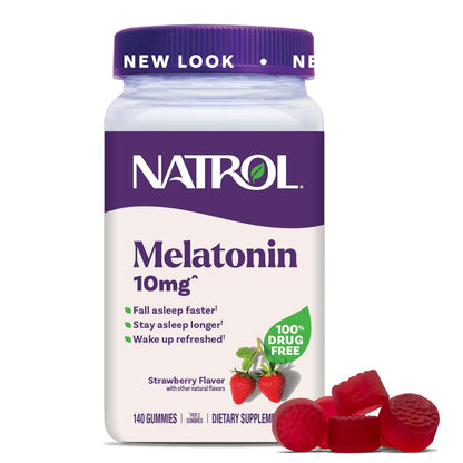 Natrol Melatonin Gummis 10 mg – 140 Erdbeer-Gummis für erholsamen Schlaf bei Erwachsenen
