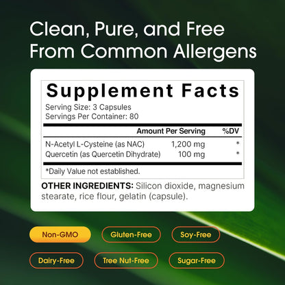 NatureBell NAC 1.200 mg mit Quercetin - 240 Kapseln - N-Acetylcystein - Antioxidans für die Zellgesundheit - Unterstützt Leber, Lunge & Immunfunktion* - Drittgeprüft