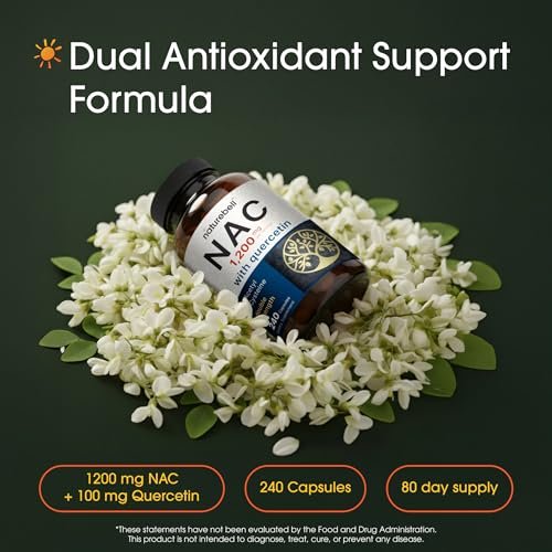 NatureBell NAC 1.200 mg mit Quercetin - 240 Kapseln - N-Acetylcystein - Antioxidans für die Zellgesundheit - Unterstützt Leber, Lunge & Immunfunktion* - Drittgeprüft
