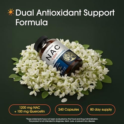 NatureBell NAC 1.200 mg mit Quercetin - 240 Kapseln - N-Acetylcystein - Antioxidans für die Zellgesundheit - Unterstützt Leber, Lunge & Immunfunktion* - Drittgeprüft