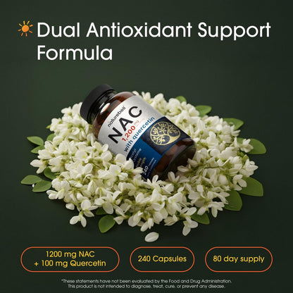 NatureBell NAC 1.200 mg mit Quercetin - 240 Kapseln - N-Acetylcystein - Antioxidans für die Zellgesundheit - Unterstützt Leber, Lunge & Immunfunktion* - Drittgeprüft