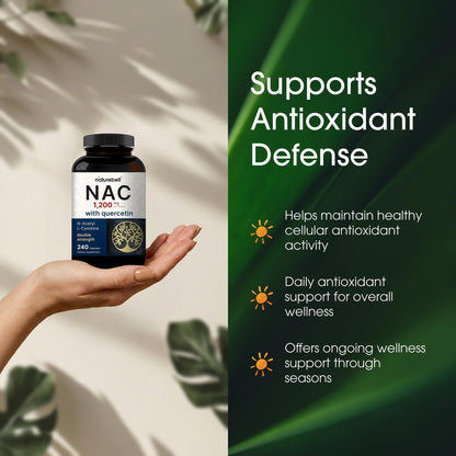 NatureBell NAC 1.200 mg mit Quercetin - 240 Kapseln - N-Acetylcystein - Antioxidans für die Zellgesundheit - Unterstützt Leber, Lunge & Immunfunktion* - Drittgeprüft