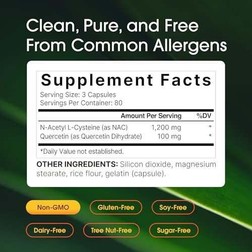 NatureBell NAC 1.200 mg mit Quercetin - 240 Kapseln - N-Acetylcystein - Antioxidans für die Zellgesundheit - Unterstützt Leber, Lunge & Immunfunktion* - Drittgeprüft