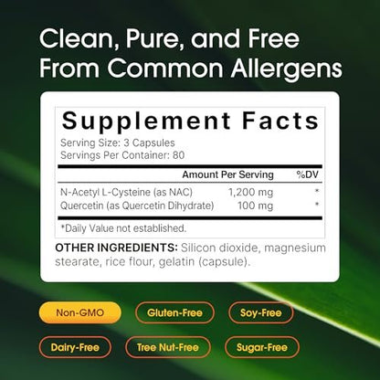 NatureBell NAC 1.200 mg mit Quercetin - 240 Kapseln - N-Acetylcystein - Antioxidans für die Zellgesundheit - Unterstützt Leber, Lunge & Immunfunktion* - Drittgeprüft