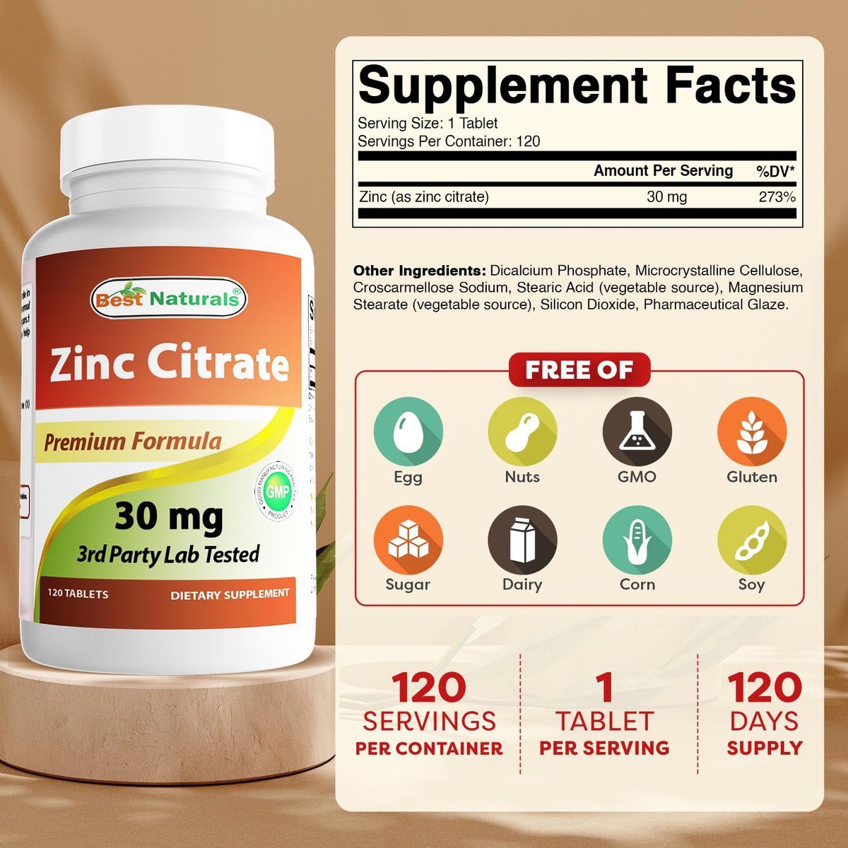 Best Naturals Zink 30 mg als Zinkcitrat – Immununterstützung für Erwachsene, 120 Tabletten