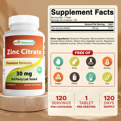 Best Naturals Zink 30 mg als Zinkcitrat – Immununterstützung für Erwachsene, 120 Tabletten