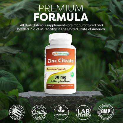 Best Naturals Zink 30 mg als Zinkcitrat – Immununterstützung für Erwachsene, 120 Tabletten