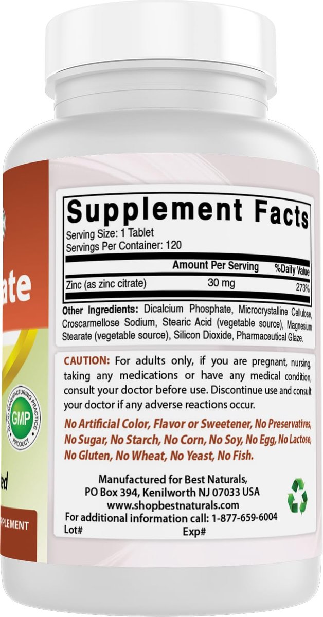 Best Naturals Zink 30 mg als Zinkcitrat – Immununterstützung für Erwachsene, 120 Tabletten