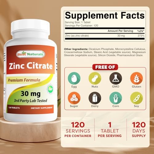 Best Naturals Zink 30 mg als Zinkcitrat – Immununterstützung für Erwachsene, 120 Tabletten