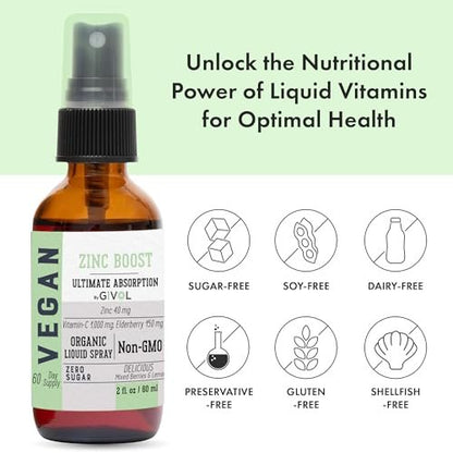 GIVOL Bio Zink Boost Spray 40 mg (Extra Stärke) - Zuckerfrei mit Vitamin C und Holunderextrakt - Veganer Flüssigspray für Kinder und Erwachsene - Leichte Aufnahme - Non-GMO - (60 ml) 60 Tage Vorrat