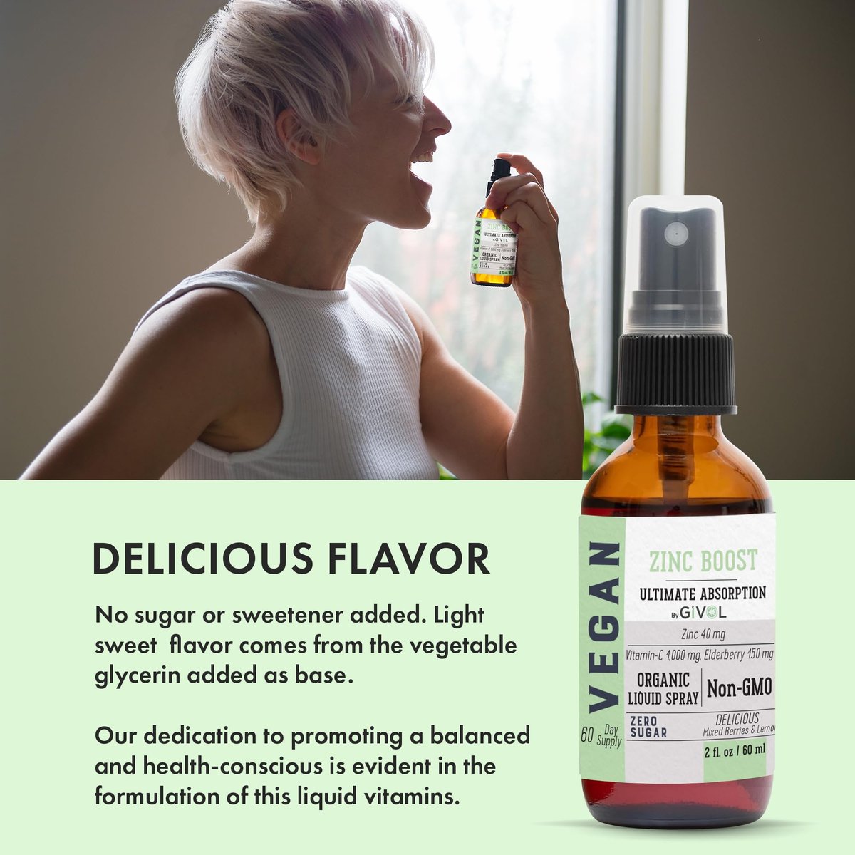 GIVOL Bio Zink Boost Spray 40 mg (Extra Stärke) - Zuckerfrei mit Vitamin C und Holunderextrakt - Veganer Flüssigspray für Kinder und Erwachsene - Leichte Aufnahme - Non-GMO - (60 ml) 60 Tage Vorrat