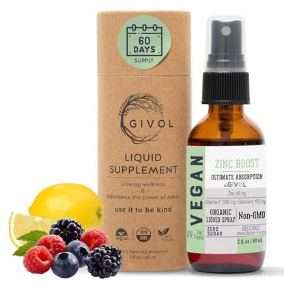 GIVOL Bio Zink Boost Spray 40 mg (Extra Stärke) - Zuckerfrei mit Vitamin C und Holunderextrakt - Veganer Flüssigspray für Kinder und Erwachsene - Leichte Aufnahme - Non-GMO - (60 ml) 60 Tage Vorrat