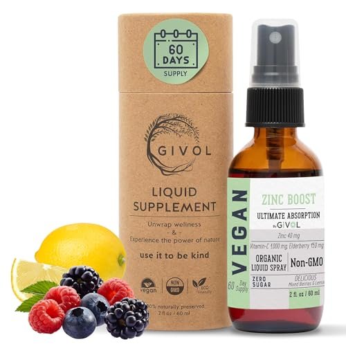 GIVOL Bio Zink Boost Spray 40 mg (Extra Stärke) - Zuckerfrei mit Vitamin C und Holunderextrakt - Veganer Flüssigspray für Kinder und Erwachsene - Leichte Aufnahme - Non-GMO - (60 ml) 60 Tage Vorrat
