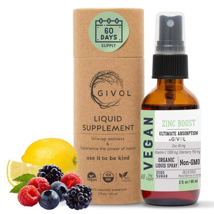 GIVOL Bio Zink Boost Spray 40 mg (Extra Stärke) - Zuckerfrei mit Vitamin C und Holunderextrakt - Veganer Flüssigspray für Kinder und Erwachsene - Leichte Aufnahme - Non-GMO - (60 ml) 60 Tage Vorrat