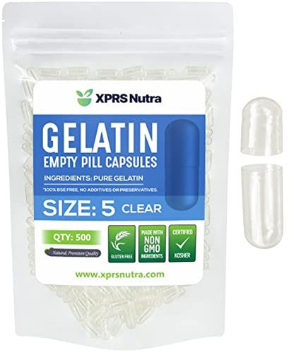 XPRS Nutra Größe 5 Leere Kapseln - 500 Stück sehr kleine klare leere Gelatinekapseln - Kapseln DIY Kapselbefüllung - Befüllbare Gelkapseln für eigene Vitaminpräparate