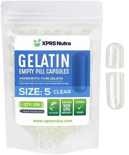 XPRS Nutra Größe 5 Leere Kapseln - 500 Stück sehr kleine klare leere Gelatinekapseln - Kapseln DIY Kapselbefüllung - Befüllbare Gelkapseln für eigene Vitaminpräparate