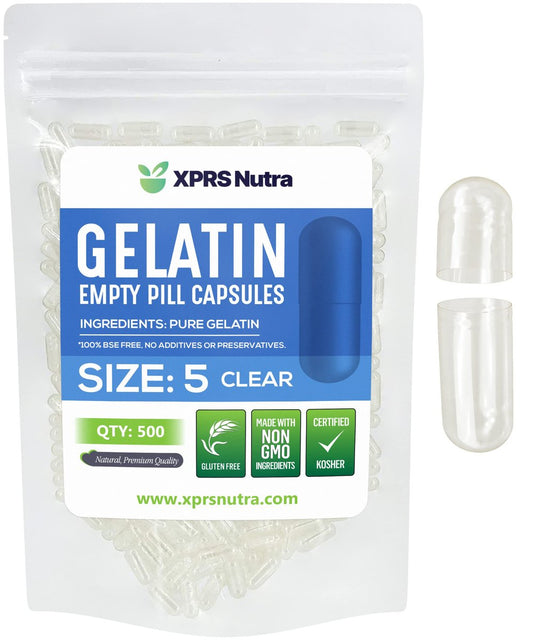 XPRS Nutra Größe 5 Leere Kapseln - 500 Stück sehr kleine klare leere Gelatinekapseln - Kapseln DIY Kapselbefüllung - Befüllbare Gelkapseln für eigene Vitaminpräparate
