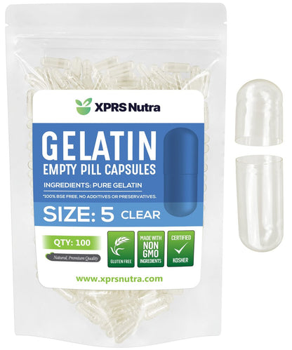 XPRS Nutra Größe 5 Leere Kapseln - 100 Stück Klare, sehr kleine Gelatinekapseln - DIY-Kapselbefüllung für selbstgemachte Vitaminpräparate