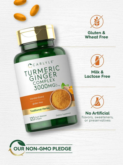 Carlyle Kurkuma & Ingwer Komplex mit Schwarzem Pfeffer Extrakt – 120 Softgel-Kapseln, Kurkuma Curcumin, Nicht-GVO, Glutenfrei