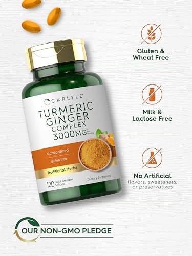 Carlyle Kurkuma & Ingwer Komplex mit Schwarzem Pfeffer Extrakt – 120 Softgel-Kapseln, Kurkuma Curcumin, Nicht-GVO, Glutenfrei