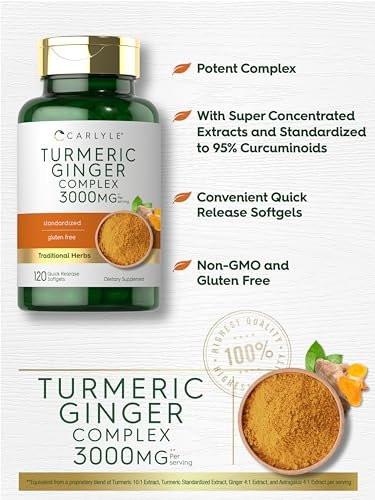 Carlyle Kurkuma & Ingwer Komplex mit Schwarzem Pfeffer Extrakt – 120 Softgel-Kapseln, Kurkuma Curcumin, Nicht-GVO, Glutenfrei