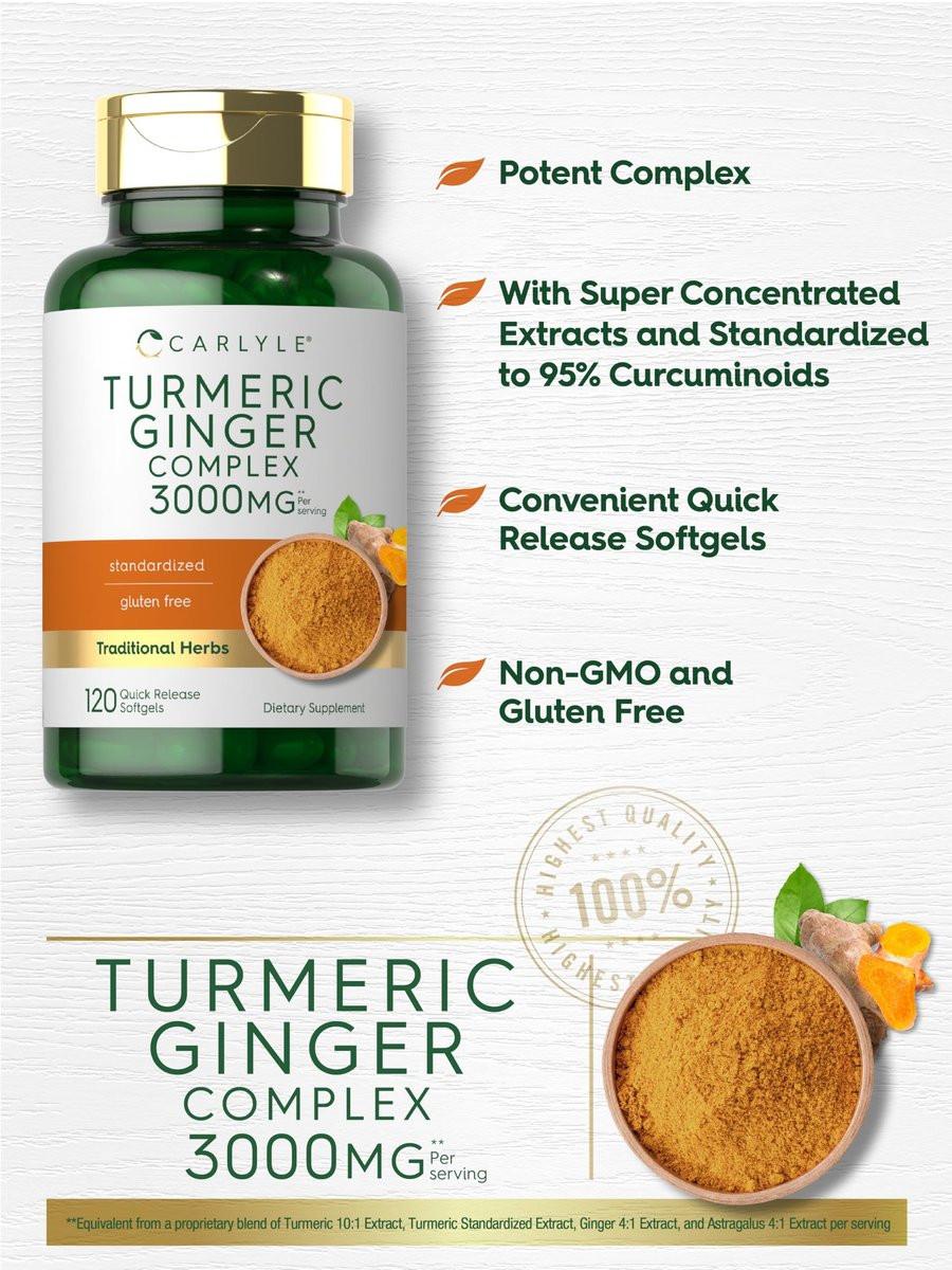 Carlyle Kurkuma & Ingwer Komplex mit Schwarzem Pfeffer Extrakt – 120 Softgel-Kapseln, Kurkuma Curcumin, Nicht-GVO, Glutenfrei
