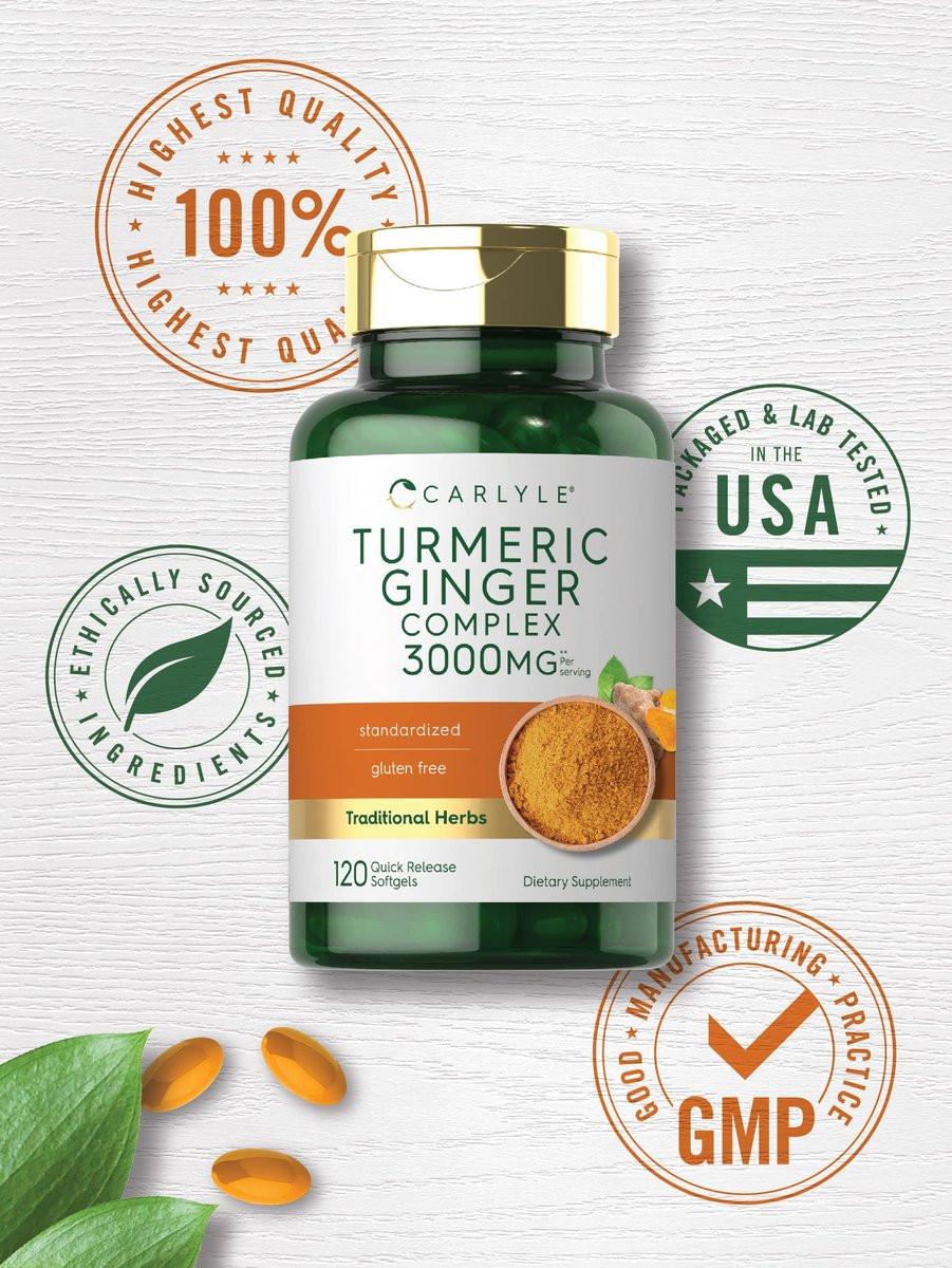 Carlyle Kurkuma & Ingwer Komplex mit Schwarzem Pfeffer Extrakt – 120 Softgel-Kapseln, Kurkuma Curcumin, Nicht-GVO, Glutenfrei