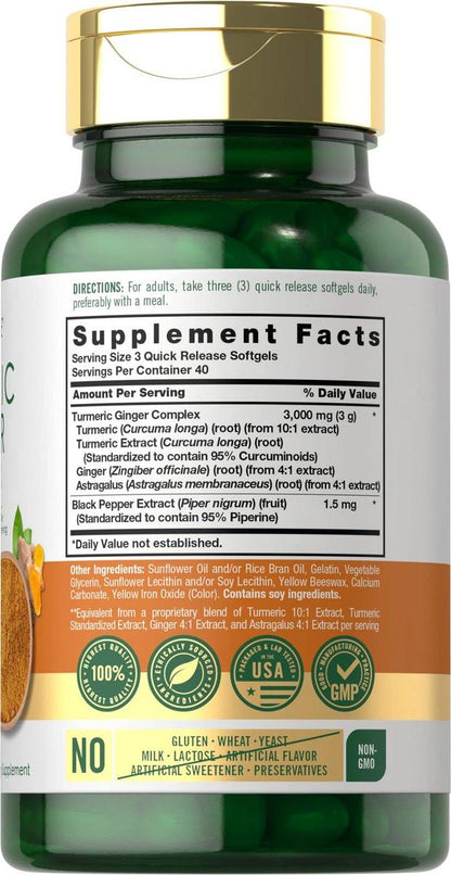 Carlyle Kurkuma & Ingwer Komplex mit Schwarzem Pfeffer Extrakt – 120 Softgel-Kapseln, Kurkuma Curcumin, Nicht-GVO, Glutenfrei