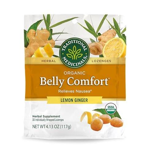 Traditional Medicinals Bio Belly Comfort Lutscher, Zitronen-Ingwer – Unterstützt Übelkeitslinderung und gelegentliche Verdauungsstörungen – Nicht-GVO, stimulanzienfrei – 30 einzeln verpackte Lutscher