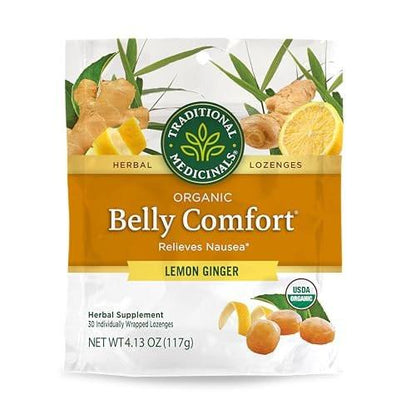 Traditional Medicinals Bio Belly Comfort Lutscher, Zitronen-Ingwer – Unterstützt Übelkeitslinderung und gelegentliche Verdauungsstörungen – Nicht-GVO, stimulanzienfrei – 30 einzeln verpackte Lutscher