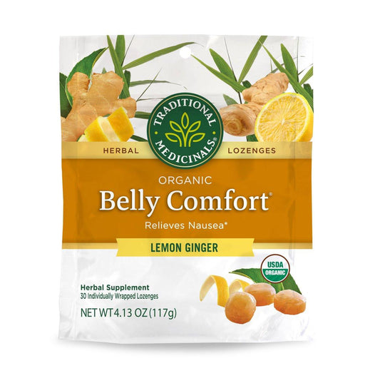 Traditional Medicinals Bio Belly Comfort Lutscher, Zitronen-Ingwer – Unterstützt Übelkeitslinderung und gelegentliche Verdauungsstörungen – Nicht-GVO, stimulanzienfrei – 30 einzeln verpackte Lutscher
