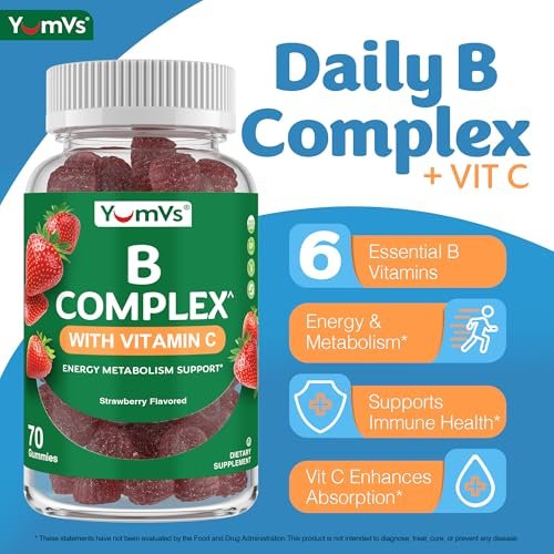 YUM-V'S B-Komplex Gummibärchen mit Vitamin C – 1 pro Tag für Energie & Nervensystem – Vegan, Koscher, Nicht-GVO – 70 Stück