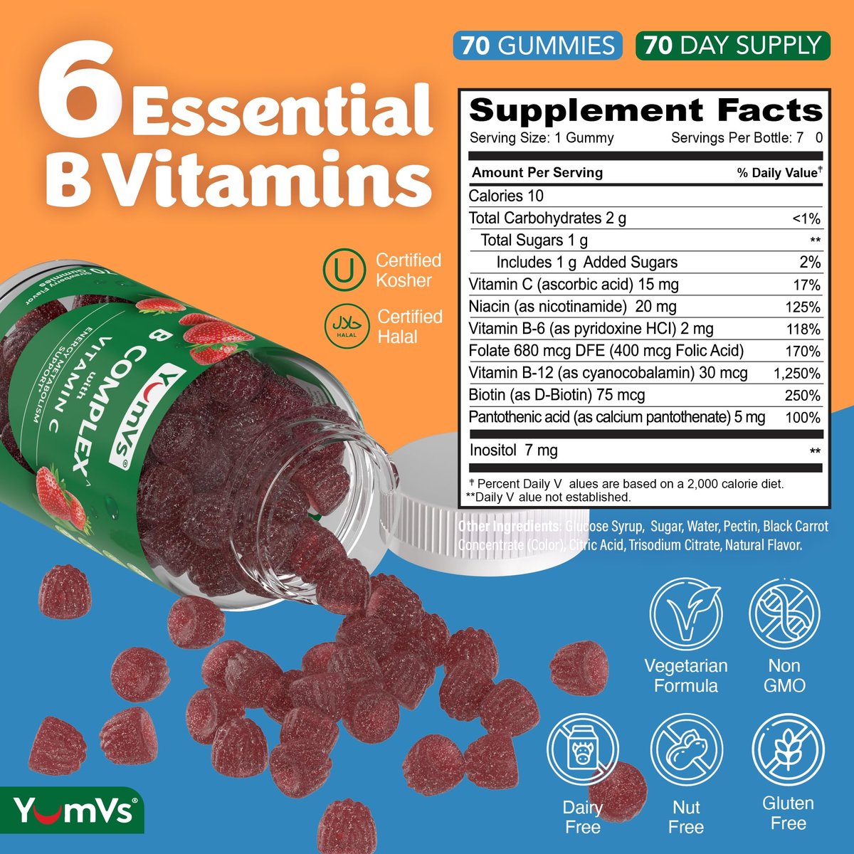 YUM-V'S B-Komplex Gummibärchen mit Vitamin C – 1 pro Tag für Energie & Nervensystem – Vegan, Koscher, Nicht-GVO – 70 Stück