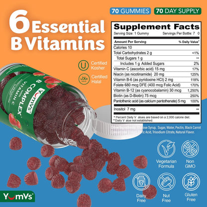 YUM-V'S B-Komplex Gummibärchen mit Vitamin C – 1 pro Tag für Energie & Nervensystem – Vegan, Koscher, Nicht-GVO – 70 Stück